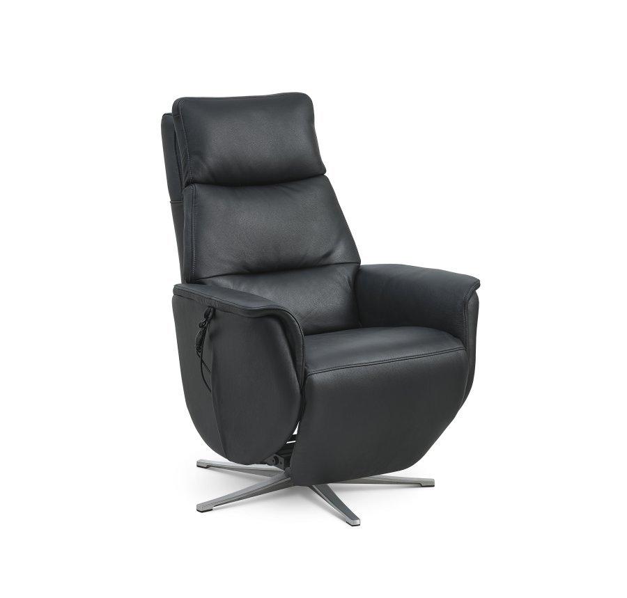 Nicolai recliner stol, 3 motorer, armln, vippefunktion, fodskammel - sort semianilin lder, metal