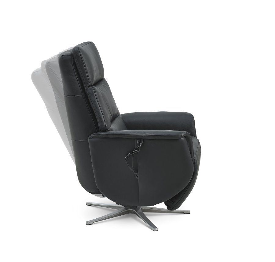 Nicolai recliner stol, 3 motorer, armln, vippefunktion, fodskammel - sort semianilin lder, metal