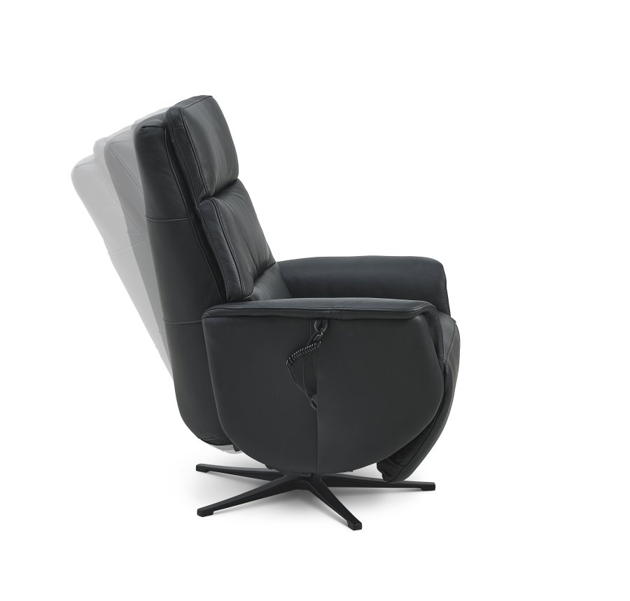 Nicolai recliner stol, 3 motorer, armln, vippefunktion, fodskammel - sort semianilin lder, metal