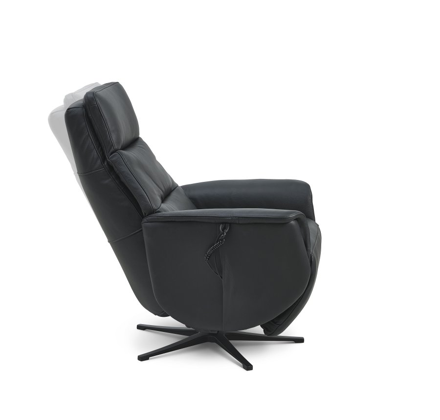 Nicolai recliner stol, 3 motorer, armln, vippefunktion, fodskammel - sort semianilin lder, metal