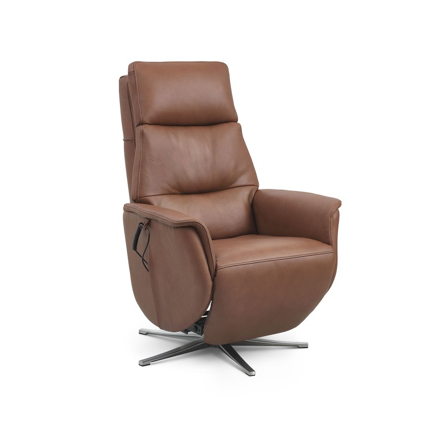 Nicolai recliner stol, 3 motorer, armln, vippefunktion, fodskammel - cognac semianilin lder, metal