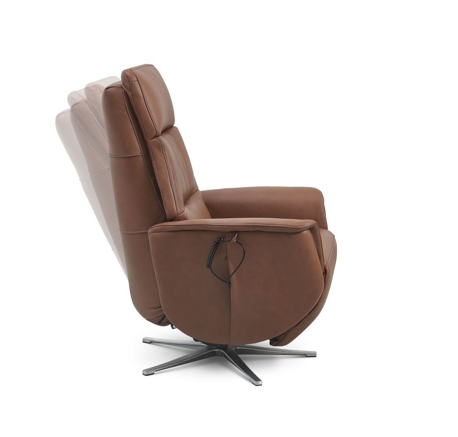 Nicolai recliner stol, 3 motorer, armln, vippefunktion, fodskammel - cognac semianilin lder, metal
