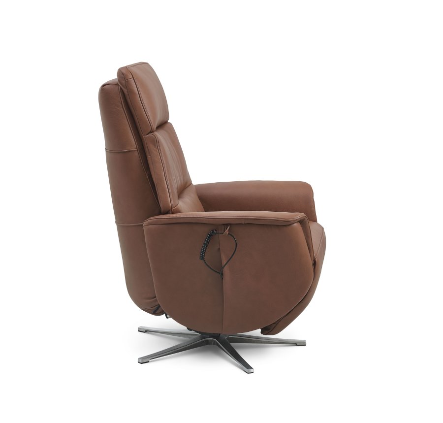 Nicolai recliner stol, 3 motorer, armln, vippefunktion, fodskammel - cognac semianilin lder, metal