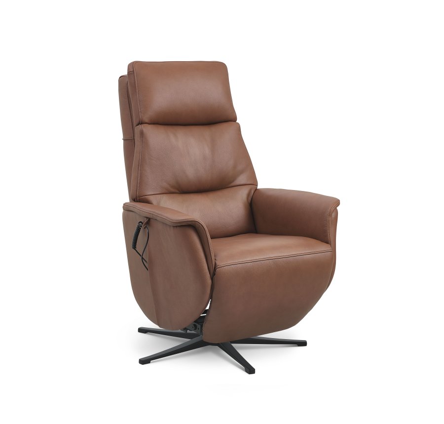Nicolai recliner stol, 3 motorer, armln, vippefunktion, fodskammel - cognac semianilin lder, metal