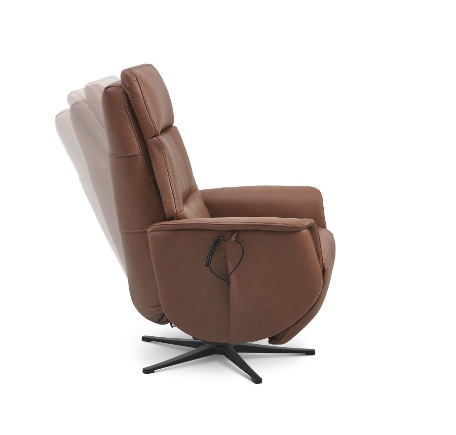 Nicolai recliner stol, 3 motorer, armln, vippefunktion, fodskammel - cognac semianilin lder, metal