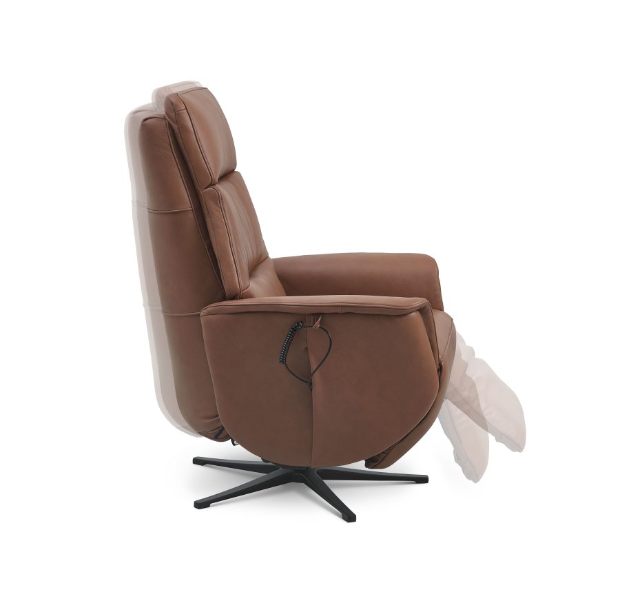 Nicolai recliner stol, 3 motorer, armln, vippefunktion, fodskammel - cognac semianilin lder, metal