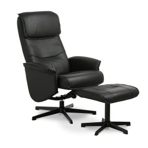 Christian lnestol, m. armln, inkl. fodskammel - sort lder/PVC og sort metal