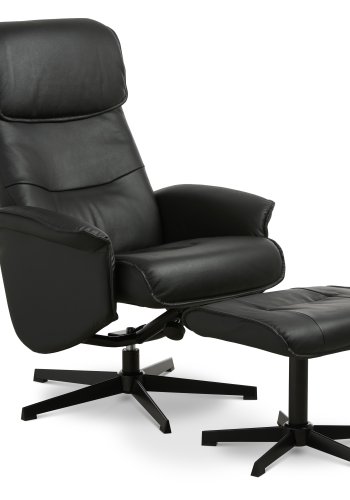 Christian lnestol, m. armln, inkl. fodskammel - sort lder/PVC og sort metal