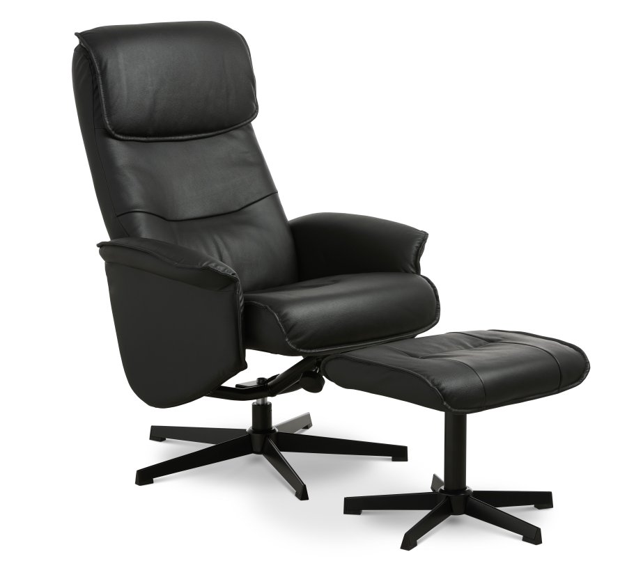 Christian lnestol, m. armln, inkl. fodskammel - sort lder/PVC og sort metal