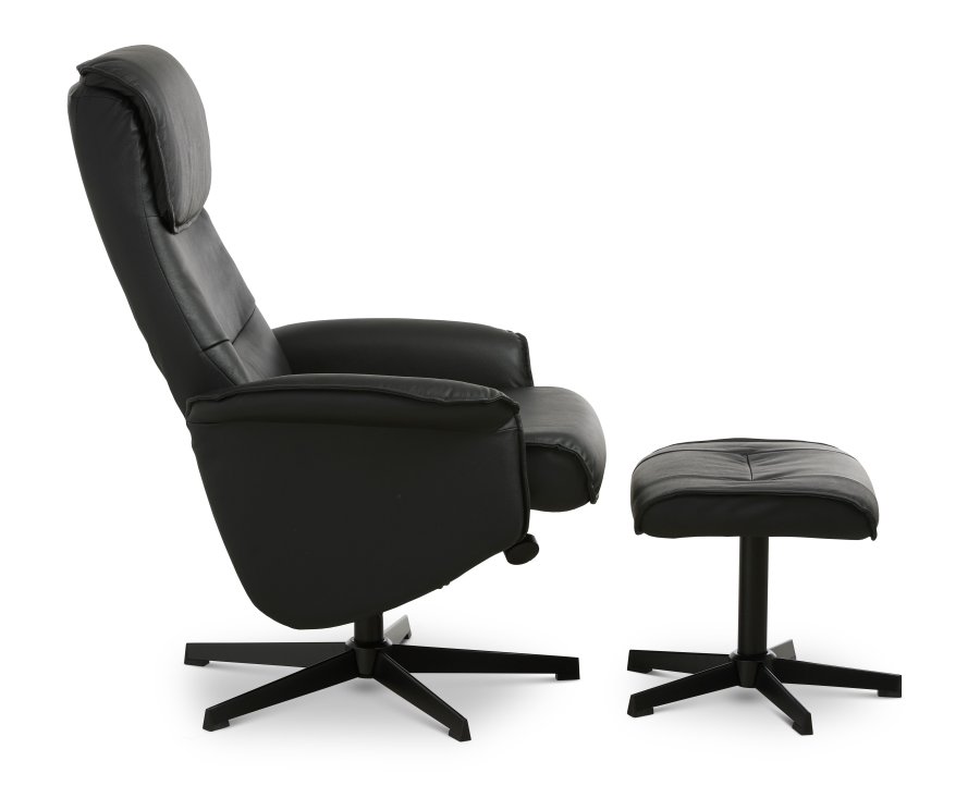 Christian lnestol, m. armln, inkl. fodskammel - sort lder/PVC og sort metal