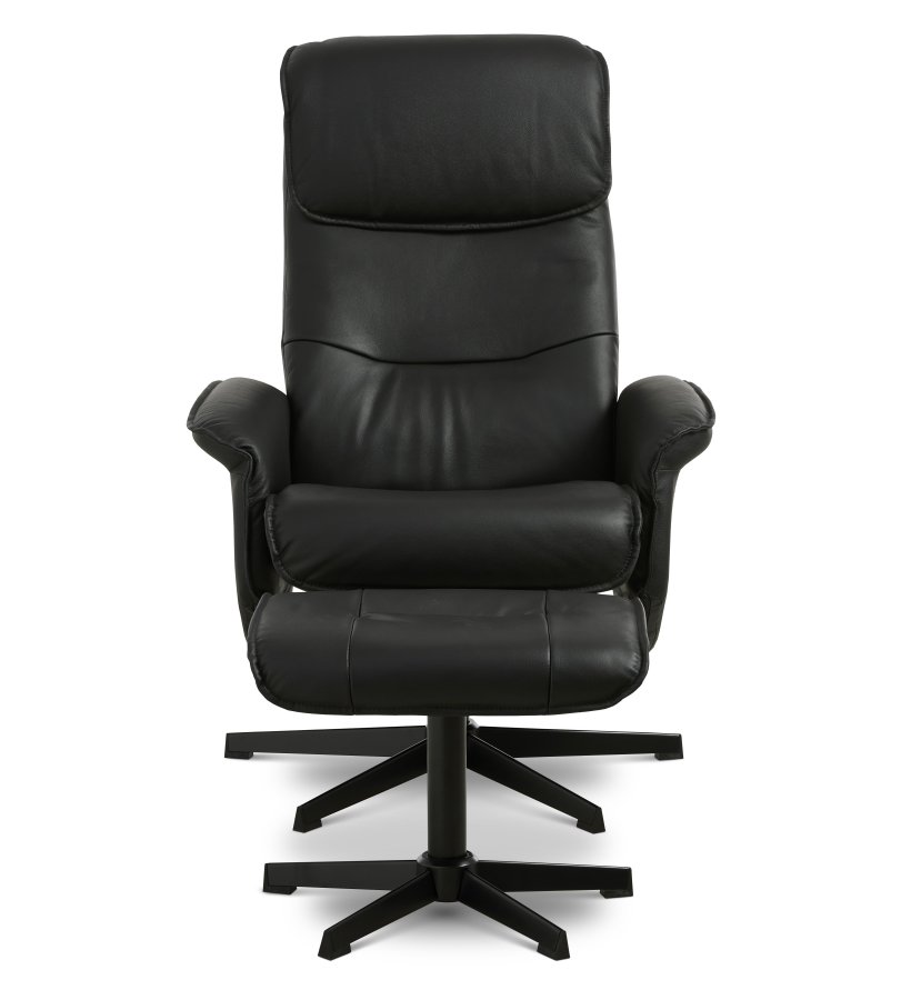 Christian lnestol, m. armln, inkl. fodskammel - sort lder/PVC og sort metal