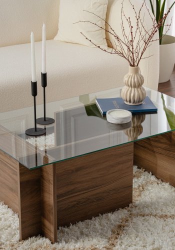 NORDVÄRK Vetrino sofabord, rektangulr - glas og valnddefarvet melamin (105x65)