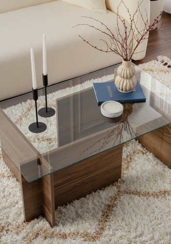 NORDVÄRK Vetrino sofabord, rektangulr - glas og valnddefarvet melamin (105x65)