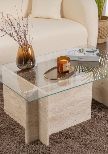 NORDVÄRK Vetrino sofabord, rektangulr - glas og travertin melamin (105x65)