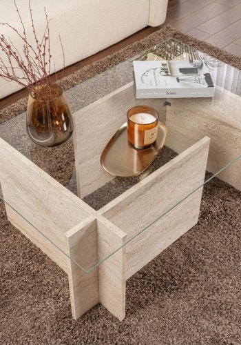 NORDVÄRK Vetrino sofabord, rektangulr - glas og travertin melamin (105x65)