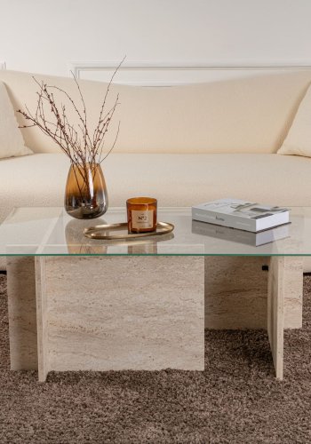 NORDVÄRK Vetrino sofabord, rektangulr - glas og travertin melamin (105x65)