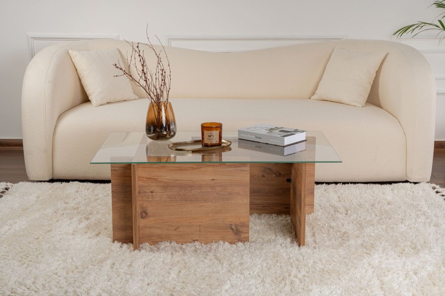 NORDVÄRK Vetrino sofabord, rektangulr - glas og Atlantisk fyrretr melamin (105x65)