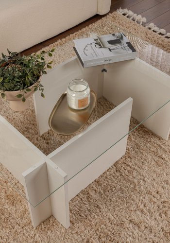 NORDVÄRK Vetrino sofabord, rektangulr - glas og hvid tr melamin (105x65)