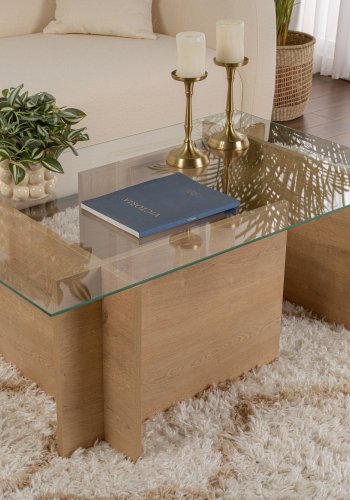 NORDVÄRK Vetrino sofabord, rektangulr - glas og Honning eg melamin (105x65)