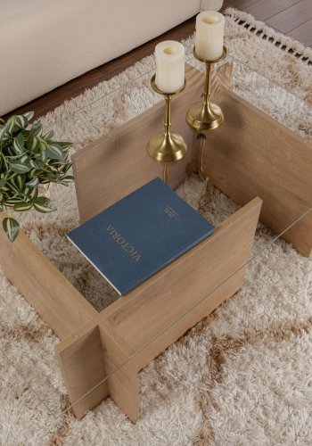 NORDVÄRK Vetrino sofabord, rektangulr - glas og Honning eg melamin (105x65)