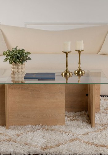 NORDVÄRK Vetrino sofabord, rektangulr - glas og Honning eg melamin (105x65)