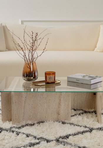 NORDVÄRK Flavio sofabord, rektangulr - glas og melamin med travertinlook (105x65)