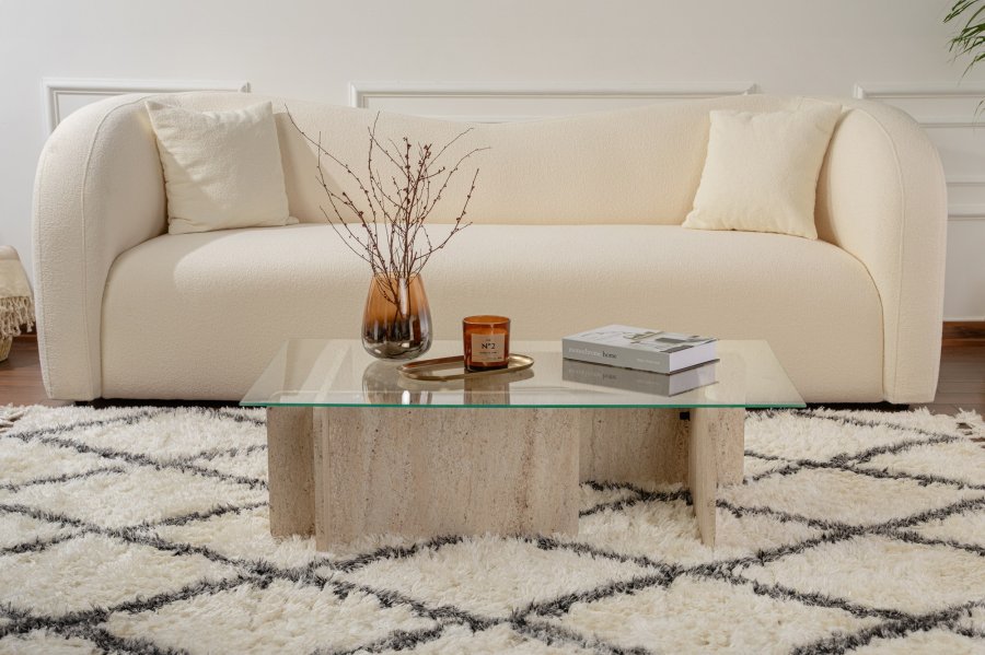 NORDVÄRK Flavio sofabord, rektangulr - glas og melamin med travertinlook (105x65)