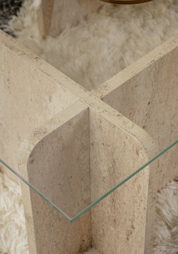 NORDVÄRK Flavio sofabord, rektangulr - glas og melamin med travertinlook (105x65)