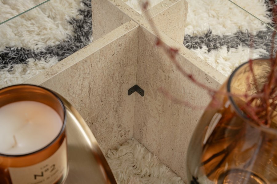 NORDVÄRK Flavio sofabord, rektangulr - glas og melamin med travertinlook (105x65)