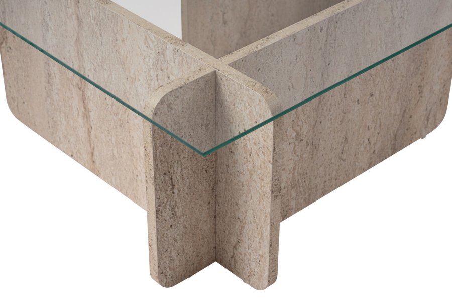 NORDVÄRK Flavio sofabord, rektangulr - glas og melamin med travertinlook (105x65)