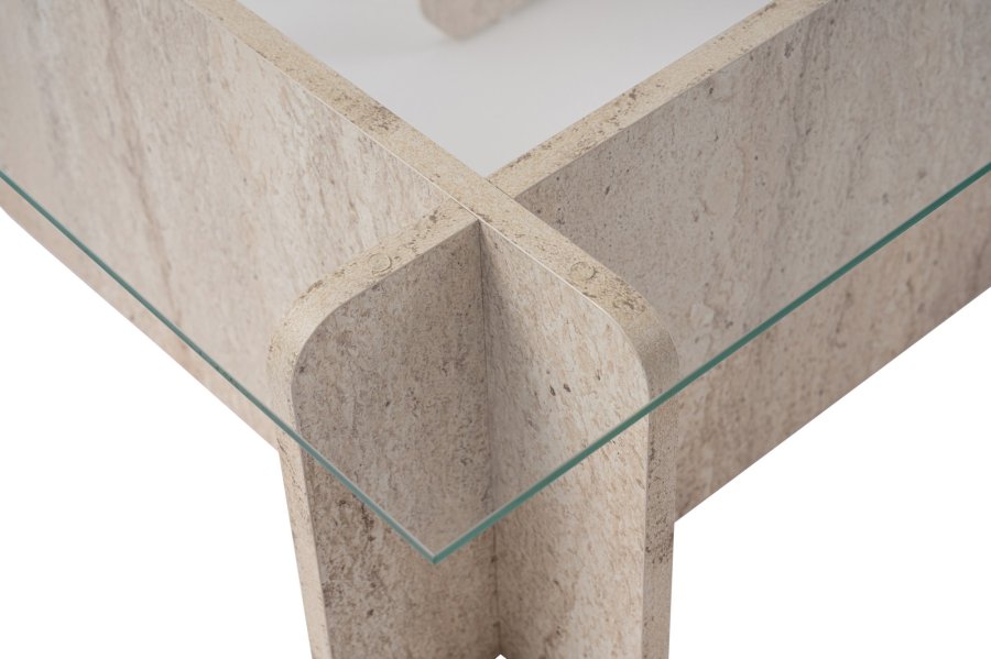 NORDVÄRK Flavio sofabord, rektangulr - glas og melamin med travertinlook (105x65)