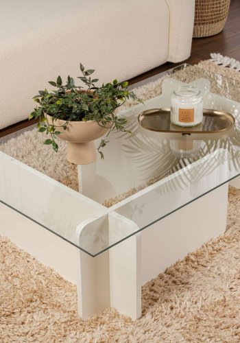 NORDVÄRK Flavio sofabord, rektangulr - glas og hvid tr melamin (105x65)