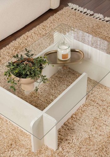 NORDVÄRK Flavio sofabord, rektangulr - glas og hvid tr melamin (105x65)