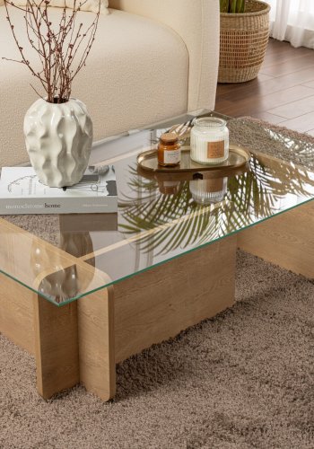 NORDVÄRK Flavio sofabord, rektangulr - glas og Honey Oak melamin (105x65)