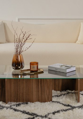 NORDVÄRK Flavio sofabord, rektangulr - glas og valnd melamin (105x65)