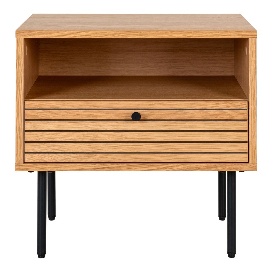 HOUSE NORDIC Hjrnebord, egefiner, sorte metalben, 1 skuffe, 50x40x50 cm