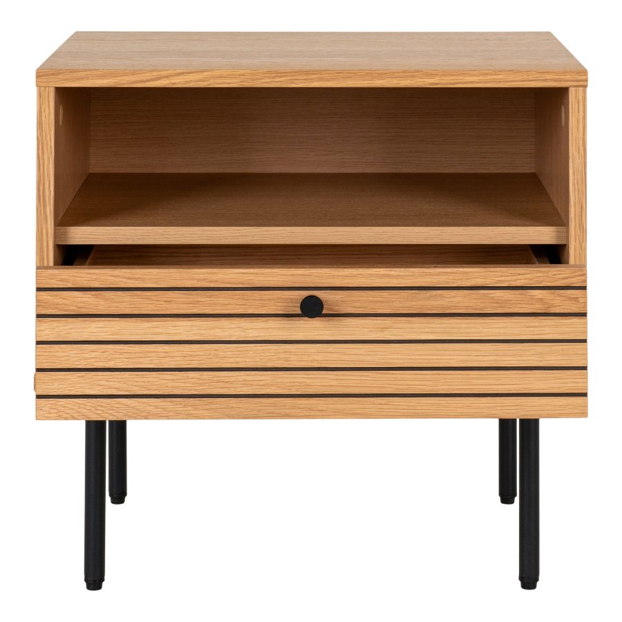 HOUSE NORDIC Hjrnebord, egefiner, sorte metalben, 1 skuffe, 50x40x50 cm