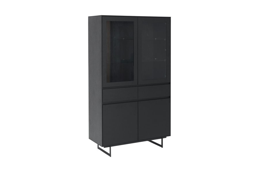 Tokyo vitrineskab, m. 4 lger, 2 skuffer, hylder, LED lys -  glas, sort egefinér og metal