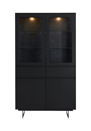 Tokyo vitrineskab, m. 4 lger, 2 skuffer, hylder, LED lys -  glas, sort egefinér og metal
