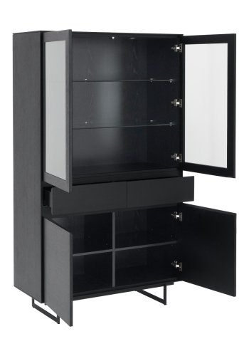 Tokyo vitrineskab, m. 4 lger, 2 skuffer, hylder, LED lys -  glas, sort egefinér og metal