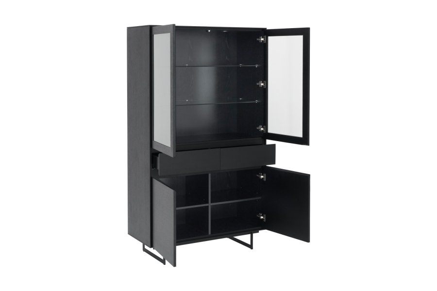 Tokyo vitrineskab, m. 4 lger, 2 skuffer, hylder, LED lys -  glas, sort egefinér og metal