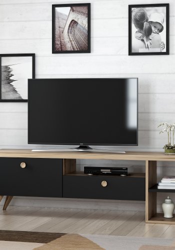 NORDVÄRK Parion TV-bord, m. 2 lger, 1 hylde og 1 rum - eg og sort melamin (150x35)