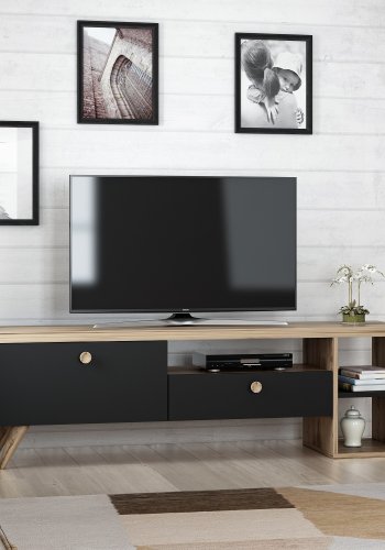 NORDVÄRK Parion TV-bord, m. 2 lger, 1 hylde og 1 rum - eg og sort melamin (150x35)