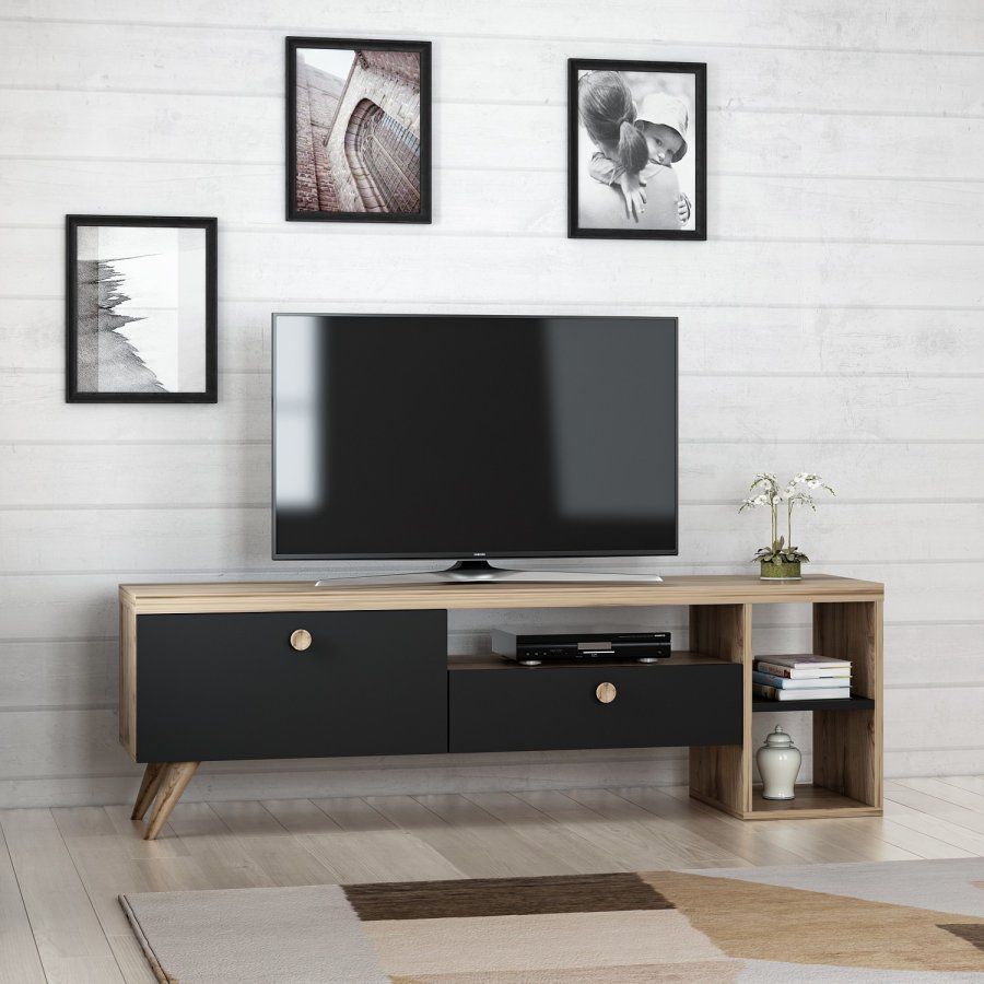 NORDVÄRK Parion TV-bord, m. 2 lger, 1 hylde og 1 rum - eg og sort melamin (150x35)