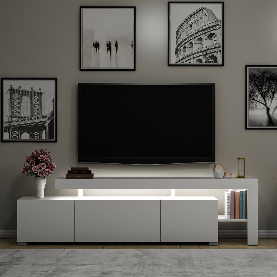 NORDVÄRK Beliz TV-bord, m. PVC-kantbnd LED-lys - hvid melamin (192x37)