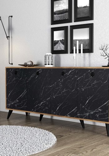 NORDVÄRK Elite konsolbord, m. 4 lger, 2 hylder - valnd/sort marmorlook melamin og plast (180x45)