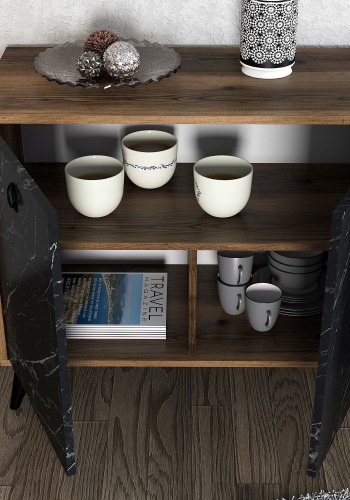 NORDVÄRK Elite konsolbord, m. 4 lger, 2 hylder - valnd/sort marmorlook melamin og plast (180x45)