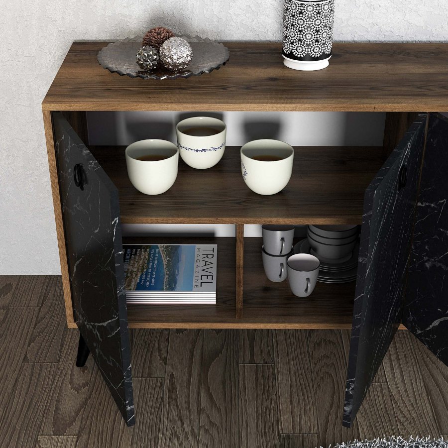 NORDVÄRK Elite konsolbord, m. 4 lger, 2 hylder - valnd/sort marmorlook melamin og plast (180x45)