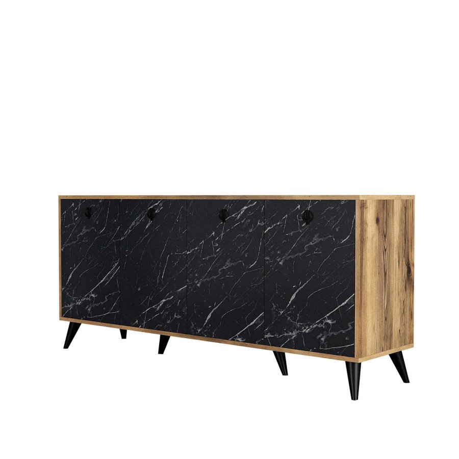 NORDVÄRK Elite konsolbord, m. 4 lger, 2 hylder - valnd/sort marmorlook melamin og plast (180x45)