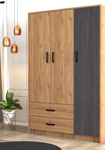 NORDVÄRK Grande garderobeskab, m. 3 lger, 1 bjlestang, 2 skuffer, 3 hylder - natur og gr melamin